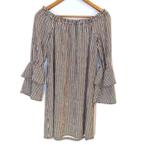 Bobeau | Boho Off The Shoulder Striped Ruffle Sleeve Dress Navy Rust | Size XS - Picture 7 of 12